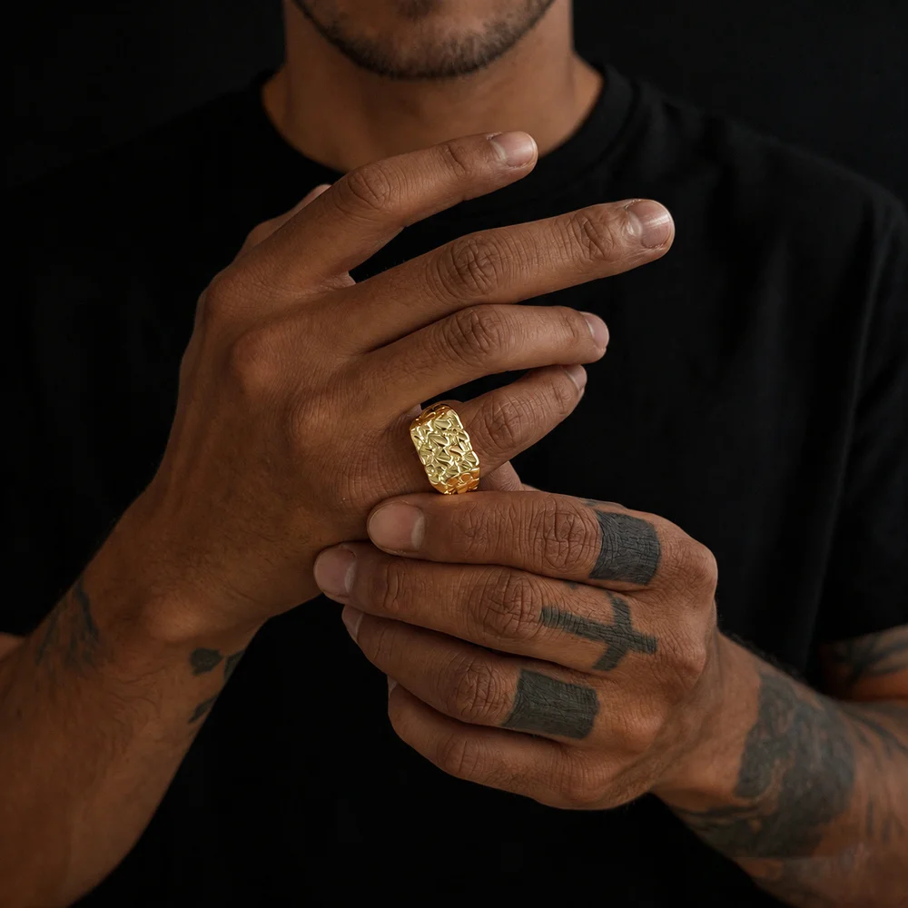 Hammered Pebble Textur-Ring für Herren, verstellbarer Schmuckring in Gold- und Silberfarbe, organischer, klobiger Statement-Stil – Detail 1