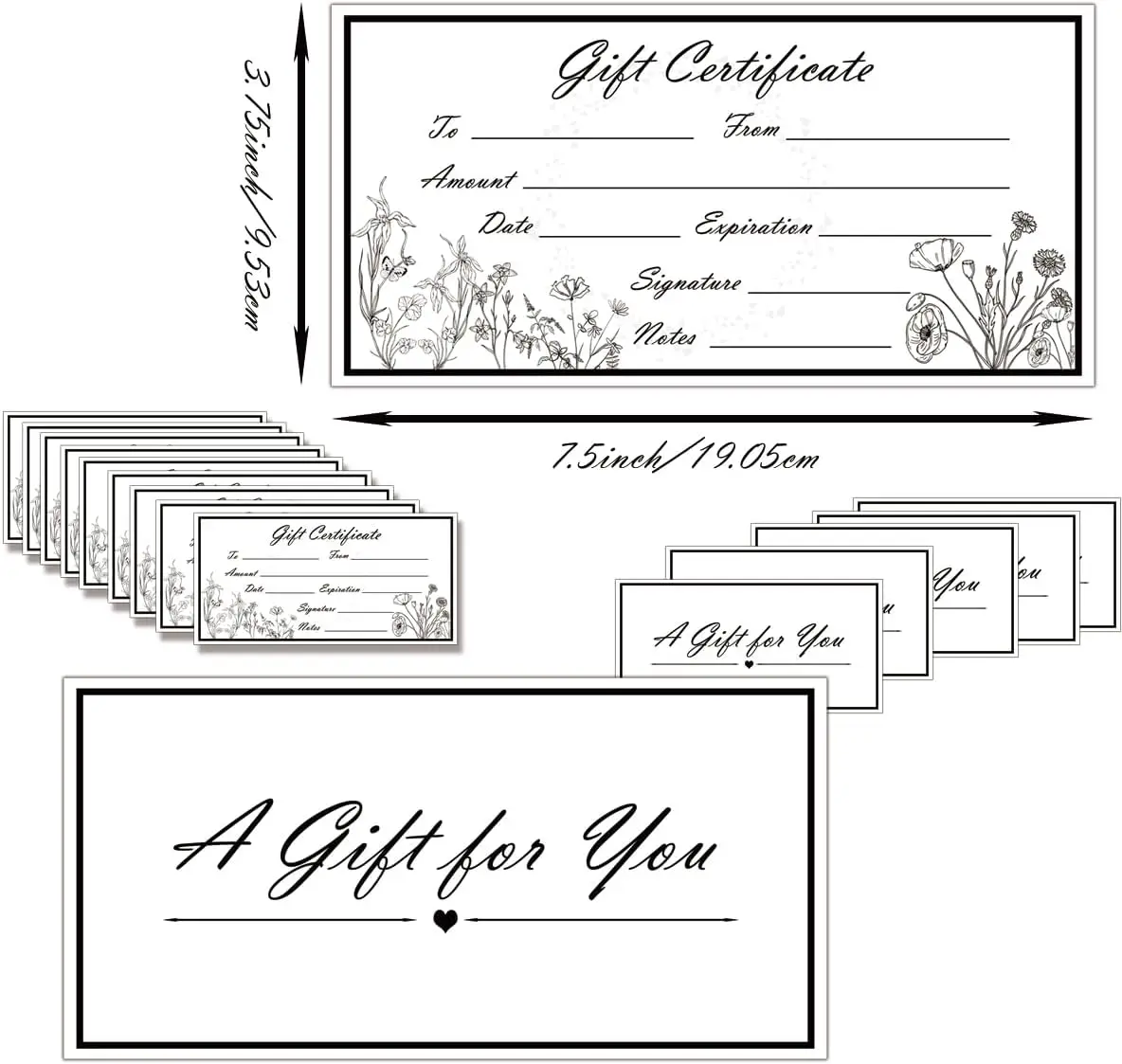 Blank Gift Certificates 3.75 X 7.5inchh to and from Voucher Christmas Black and White Gift Certificates Cards