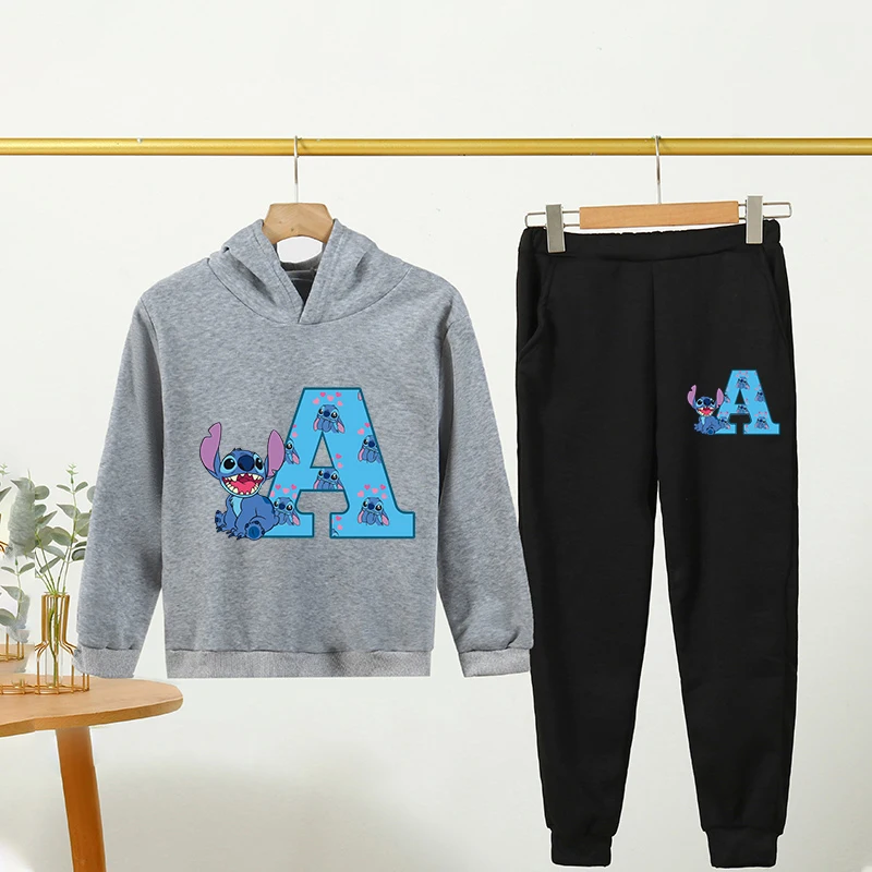 

Pink Children Hoodie Stitch Cartoon Print Sweatshirt +Pants Boys Girls Toddler age 3-12 Girls Clothes Pullover Sport Kids Set