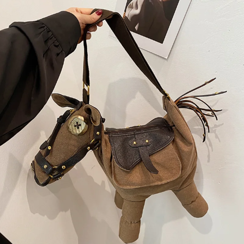

2025 Fashion vintage large capacity canvas bag creative pony shoulder crossbody bagWomen's casual canvas bag