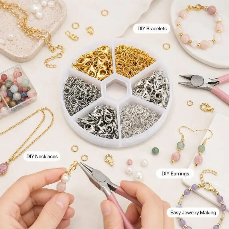 5~1 Boxen Schmuckherstellungs-Set mit Karabinerverschlüssen, Biegeringen, Quetschperlen, Perlenbox, Handgemachtes DIY Armband- und Halsketten-Zubehör – Detail 6