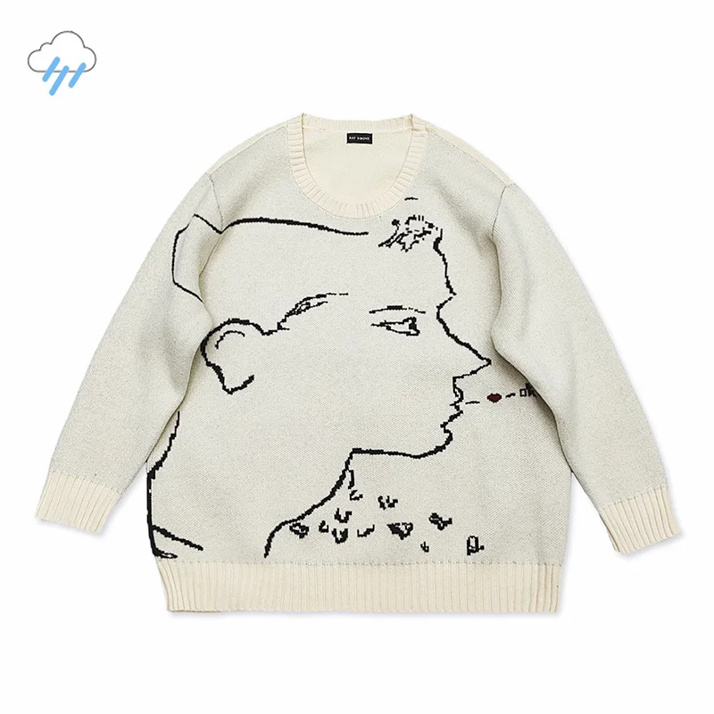 

Men Women Couple Casual RAF SIMONS Crewneck Knit Sweatshirts Top Quality Character Outline Jacquard Sweater Apricot Pullovers