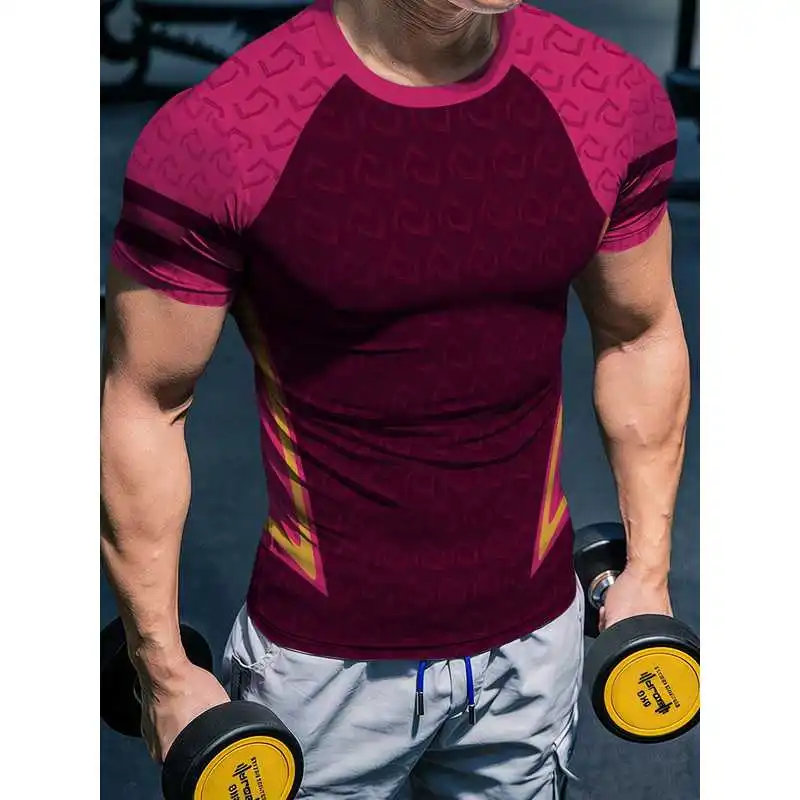 Men's High-Elasticity Quick-Dry Fitness Short Sleeve Shirt with dark pattern geometric gold-embellished tight-fitting sports top