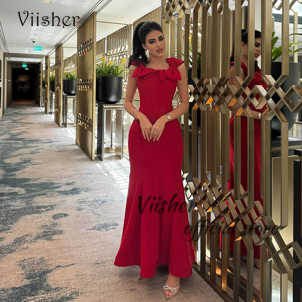 

Viisher Red Satin Mermaid Evening Dresses for Women Square Neck Sleeveless Formal Occasion Dress Floor Length Wedding Party Gown