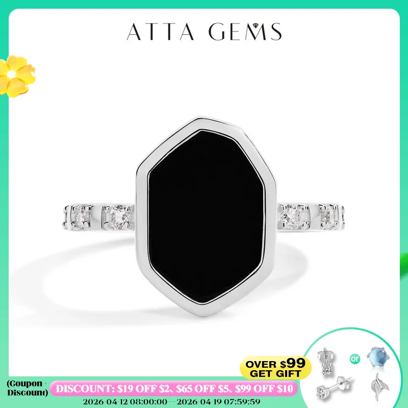

ATTAGEMS Hexagon Black Onyx Rings for Women Men Moissanite Side Edge S925 Silver 18K White Gold Plated Party Daily Jewelry Gifts