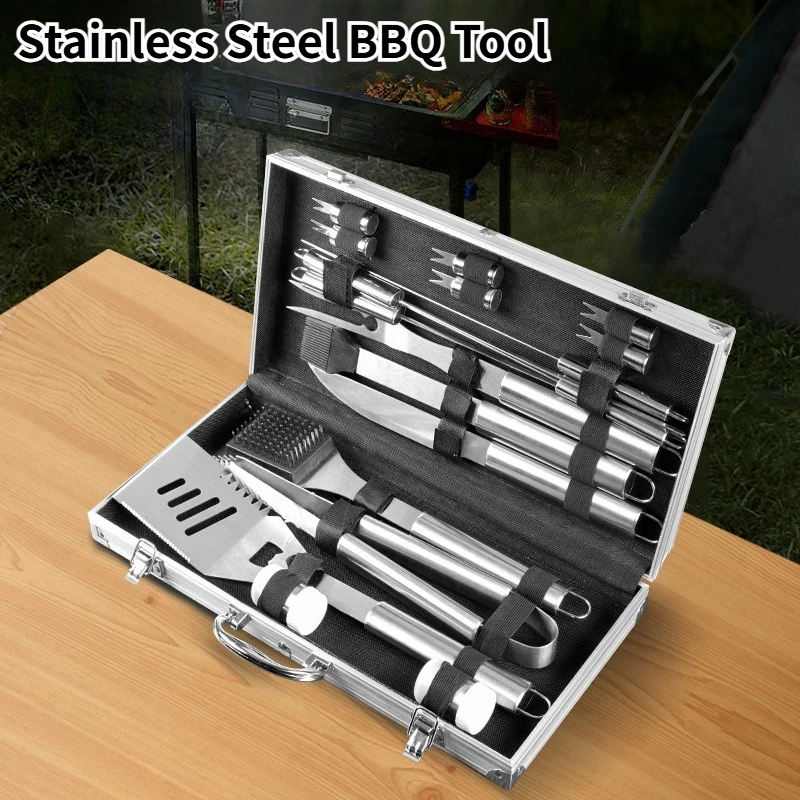 

Набор инструментов для барбекю из нержавеющей стали, алюминиевая коробка, уличная посуда для гриля, нож, вилка, лопата, зажим, аксессуары для приготовления барбекю