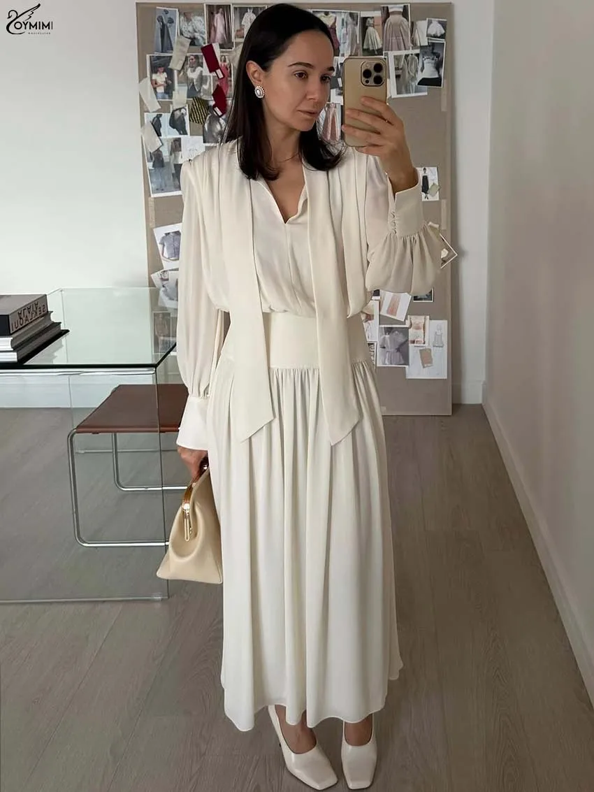 

Oymimi Fashion White Loose Dresses For Women Elegant Long Sleeve Lace-Up Open Back Dresses Casual High Waist Ankle-Length Dress