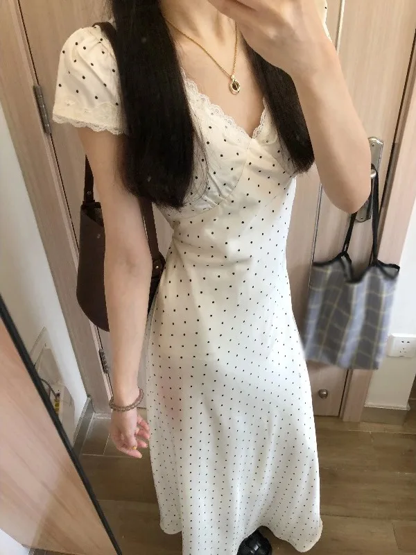 Sweet Polka Dot Slimming Long Dr Korean Sle Unique Beautiful Summer Faionable Women's Dr High Waist ort Sve V-...
