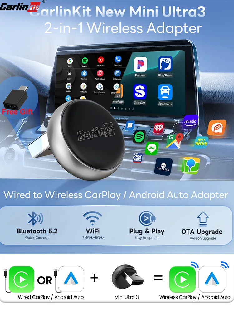 CarlinKit 5.0 Mini Ultra3 Adaptateur sans fil 2 en 1 Android Auto et CarPlay WIFI Bluetooth Auto Connect Smart Mini Box Plug and Play pour voitures 7