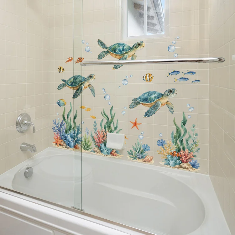 Gemalte Schildkröten-Algen-Wandaufkleber, Badezimmer-Glastür-Dekor, Aufkleber für Zimmertöpfe, Toilettenhintergrund, Heimdekoration, selbstklebende Wandmalerei – Detail 4
