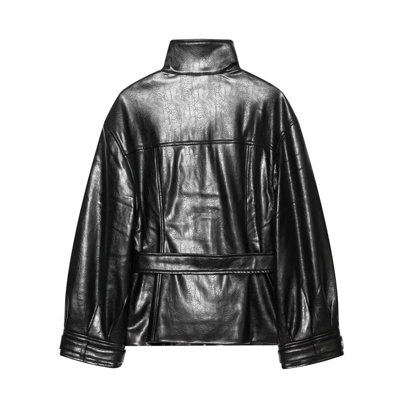 NINE ZAR Women's PU Leather Jacket with Belt Stand Collar Coated Long Sleeve Zipper Closure Regular Fit Spring Fashion
