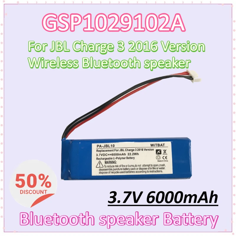 

New GSP1029102A 3.7V 6000mAh Replacement Bluetooth speaker Battery for JBL Charge 3 2016 Version Wireless Bluetooth speaker