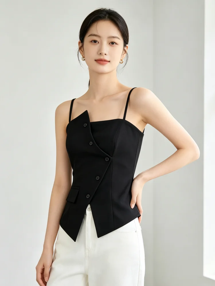 Irregular Simple Asymmetric Front Button Sling Vest for Women, Elegant Office Slim Waist Sleeveless Blazer Cami Top