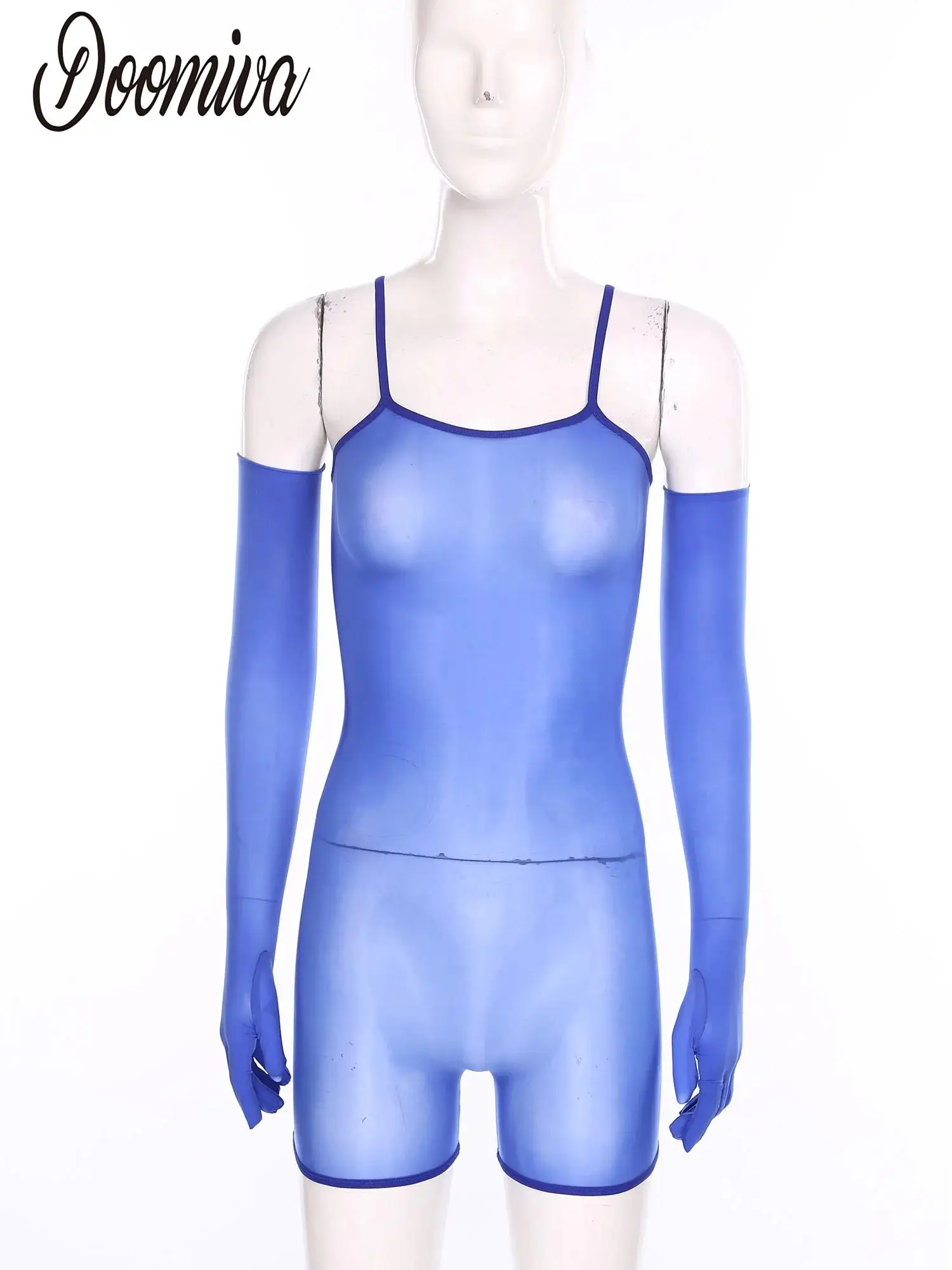 

Women Sheer Mesh One-piece Bodysuit Sexy Lingerie Outfits Adjustable Shoulder Straps Boy-shorts Jumpsuit with Gloves Nightwear
