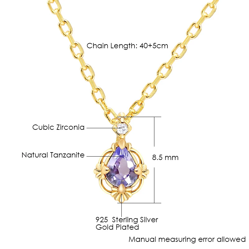 LAMOON Vintage Natural Tanzanite Gemstone Pendant Necklace For Women 925 Sterling Silver Gold Plated Exquisite Fine Jewelry