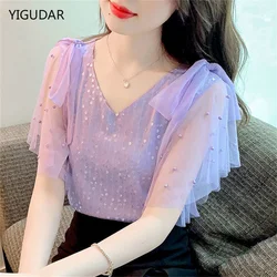 Fashion Chiffon Tops Shirt Women Summer Loose Vest Satin Short Sleeve Lace V-neck Top Office Lady Blouse S-3XL blusones de mujer