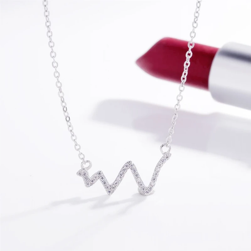 

Rhinestone Cardiogram Wave Romantic 925 Sterling Silver Clavicle Chain Female Necklace NE517