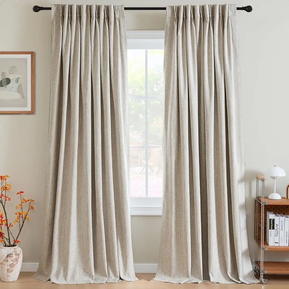 Linen Blended Blackout Curtains, 96 Long, 2-Panel Set, Neutral Heather Natural, Thermal Insulated for Bedroom