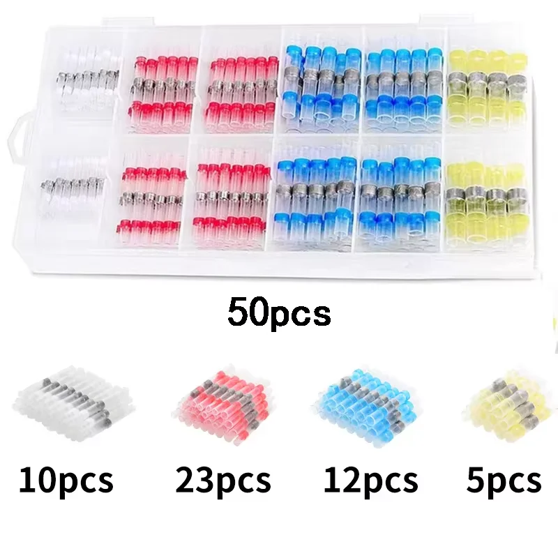 

50pcs Solder Seal Wire Connectors Heat Shrink Insulated Electrical Wire Terminals Butt Splice Terminal Waterproof Connectors Kit