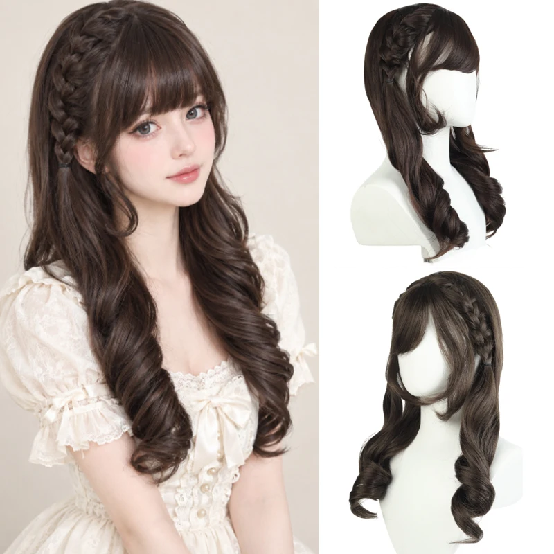 Sweet Lolita Full Wig Braided Side Hair Long Roman Curly Wig With Fringe for Halloween Party Daily Wear Multi‑color 115 / 128