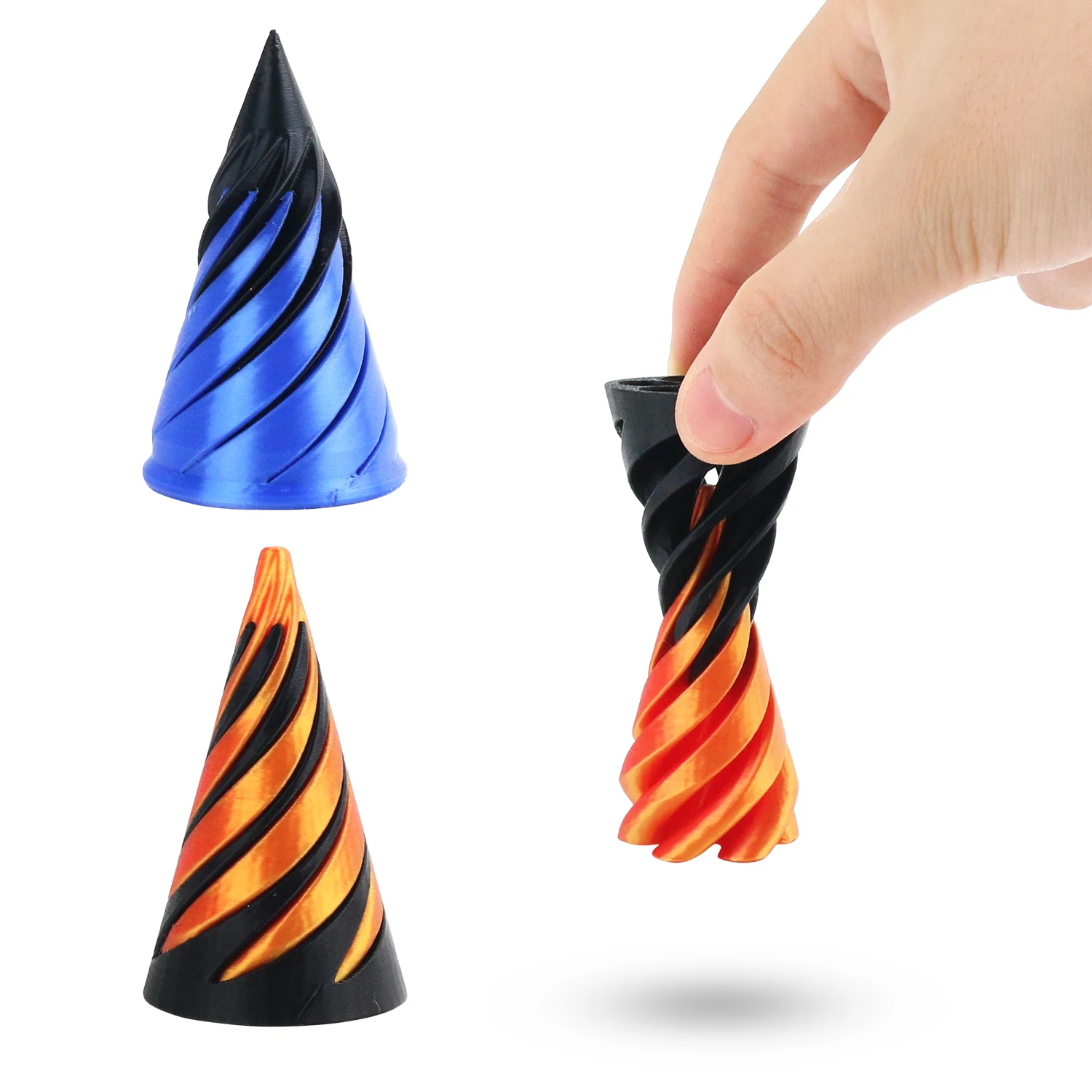 3D printed spiral cone rotating tree decompression artifact dual color vortex puzzle ornament