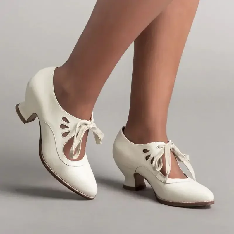 Women's Mary Jane shoes 2026 new hollow-tied high heels pointy chunky heels Plus size women's shoes retro black heels