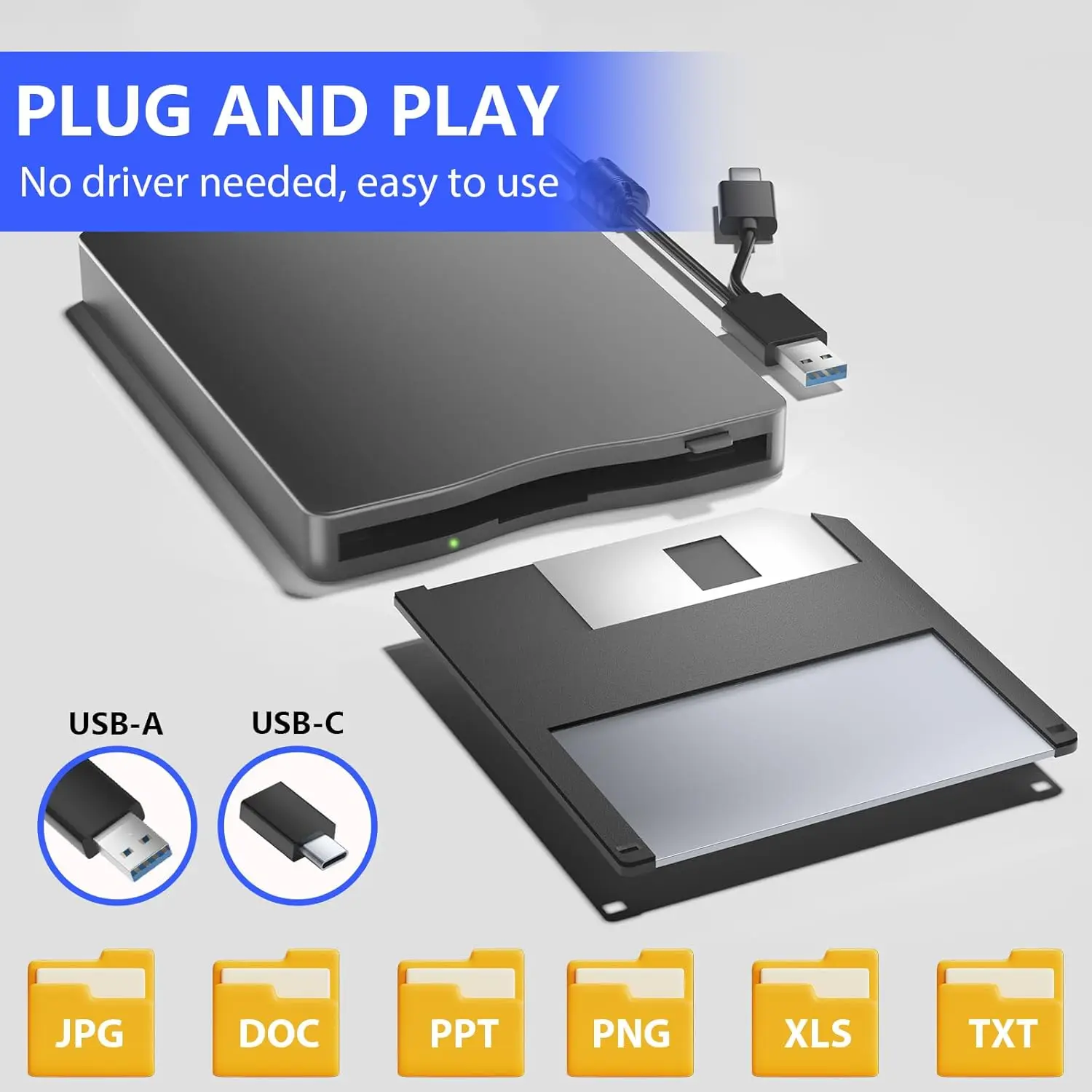 3,5-Zoll-externes Diskettenlaufwerk, tragbarer USB 3.0 Typ-C 1,44 MB FDD-Disk-Leser für PC, Laptop, Desktop, Windows 11/10/8/7/XP – Detail 1
