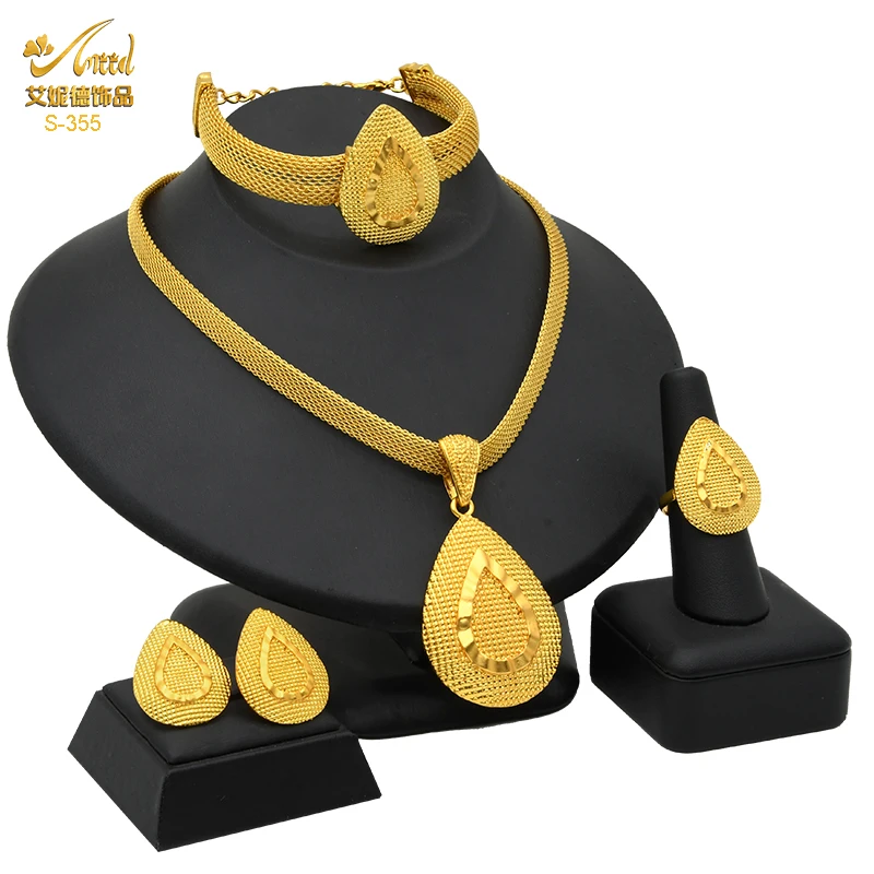 

ANIID France Ethiopian Gold Plated Necklace Bracelet Earrings Set For Women Nigerian Indian Jewelry Set Bridal Wedding Gifts