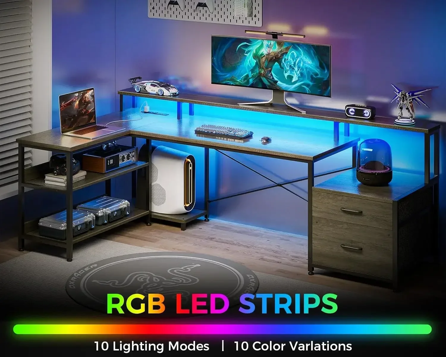 Shaped Desk with File Drawer, 75" Reversible L Shaped Computer Desk with Power Outlet & LED Strip