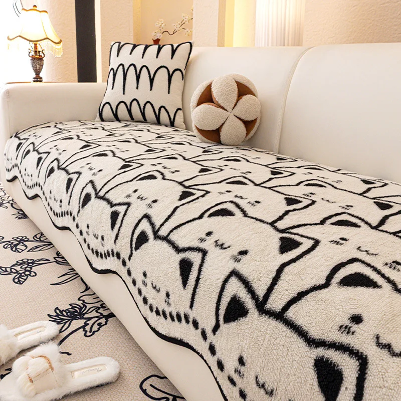 Winter Thickened Plush Sofa Cushion Cartoon Design Fixed Anti-Slip One-Piece Straight-Cut Seat Pad Fabric Seat Cover