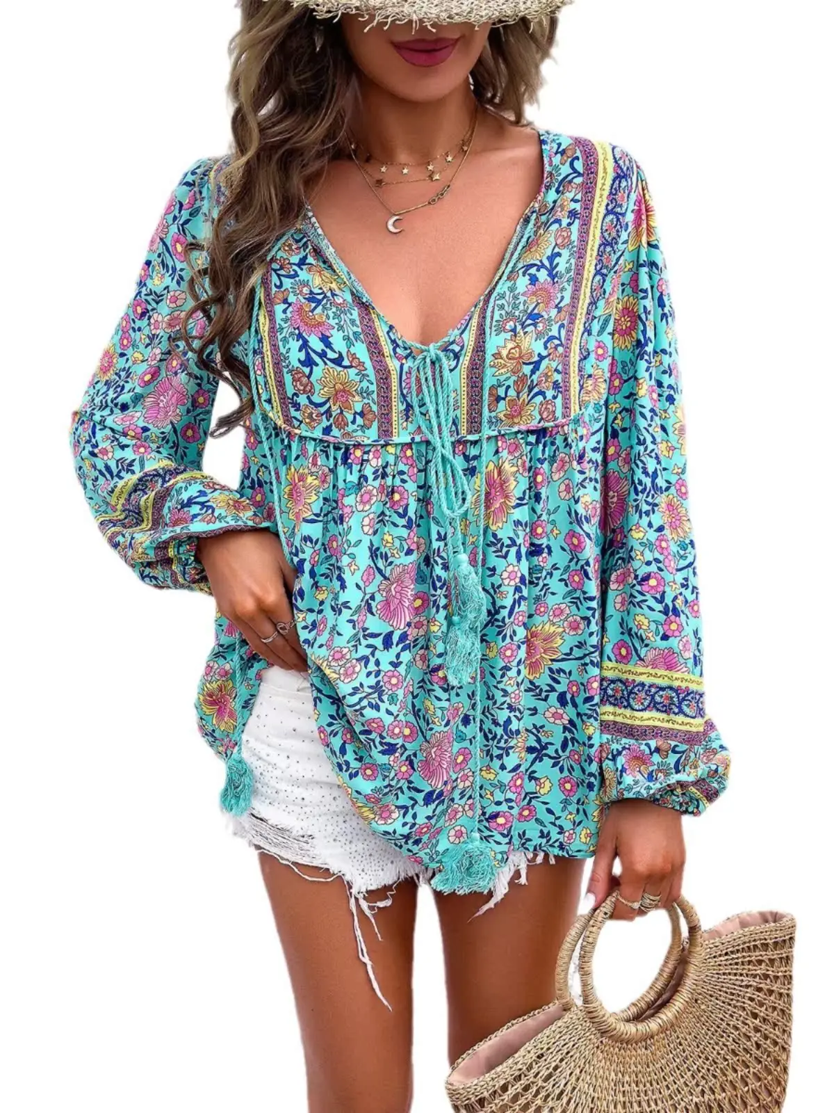 เดรสยาวพิมพ์ลาย Faion Street คอวี แขนพอง ผ้าโพลีเอสเตอร์ สำหรับผู้หญิง ทรงบับเบิ้ล ความยาวปานกลาง เหมาะสำหรับใส่ลำลองหรือวันหยุด