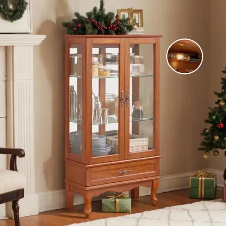 Living room display case: antique-finished wood curio cabinet with tempered glass shelves, acrylic panel, integrated lighting,