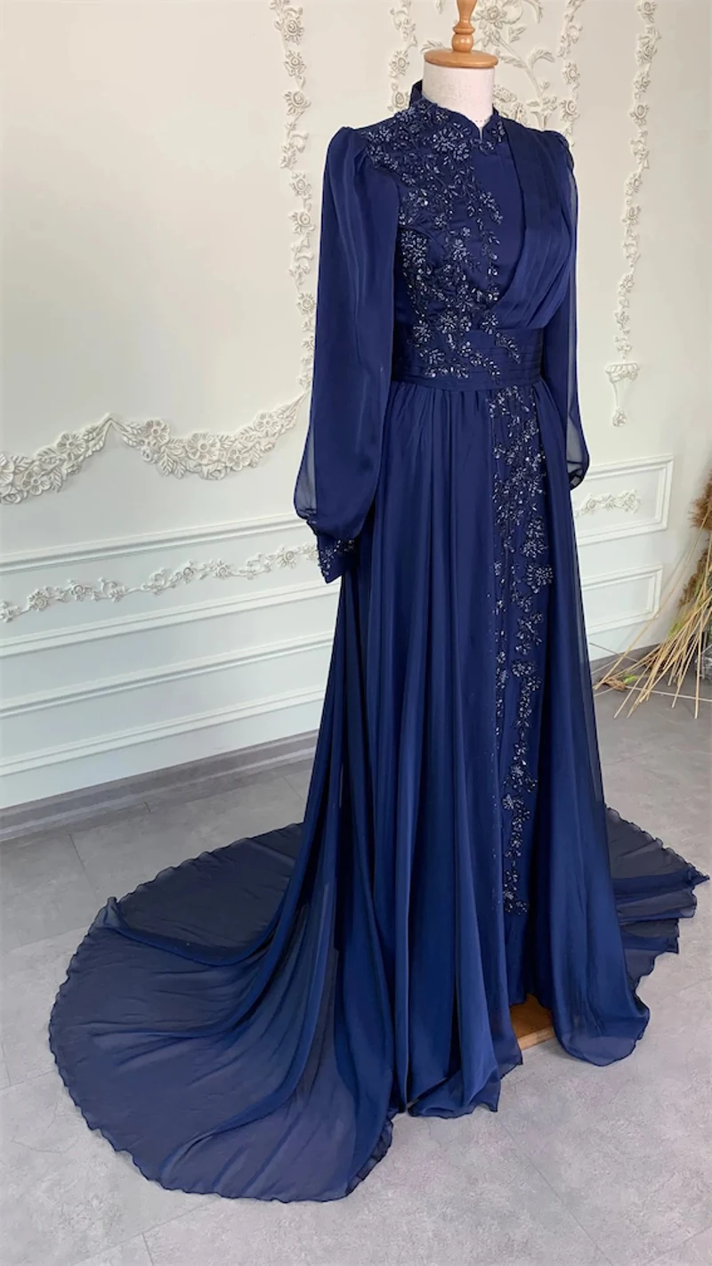 Royal Blue Long Sleeve Muslim Hijab Evening Dresses High Neck Moroccan Caftan Chiffon Appliques Formal Party Gown Robe De Soiree