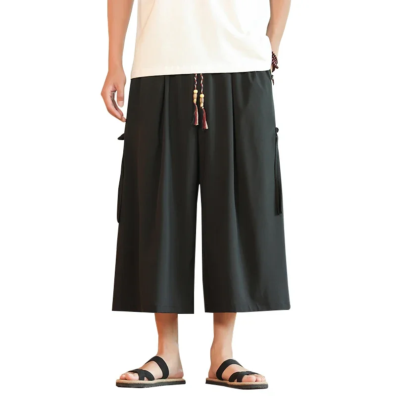 Causal Baggy Pants Mens Summer Japan Samurai Draped Harem Men\'s Traditional Wide Leg Pants Black Male Calf-Length Trousers M-5XL