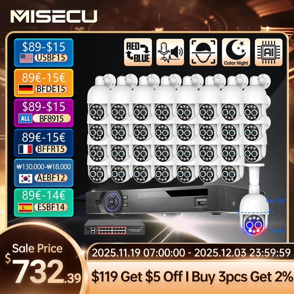 MISECU 32CH 4K 8X Hybrid Zoom PTZ Dual Lens POE Security System HD 8MP Outdoor CCTV Record Surveillance Protection Kit H.265 NVR