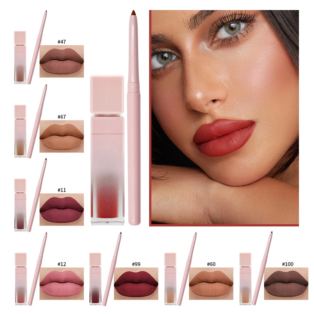 Private Label Lipstick Lipliner Kit Custom Logo Matte Waterproof Non-stick Lipgloss Lip Liner Waterproof Natural Color Makeup