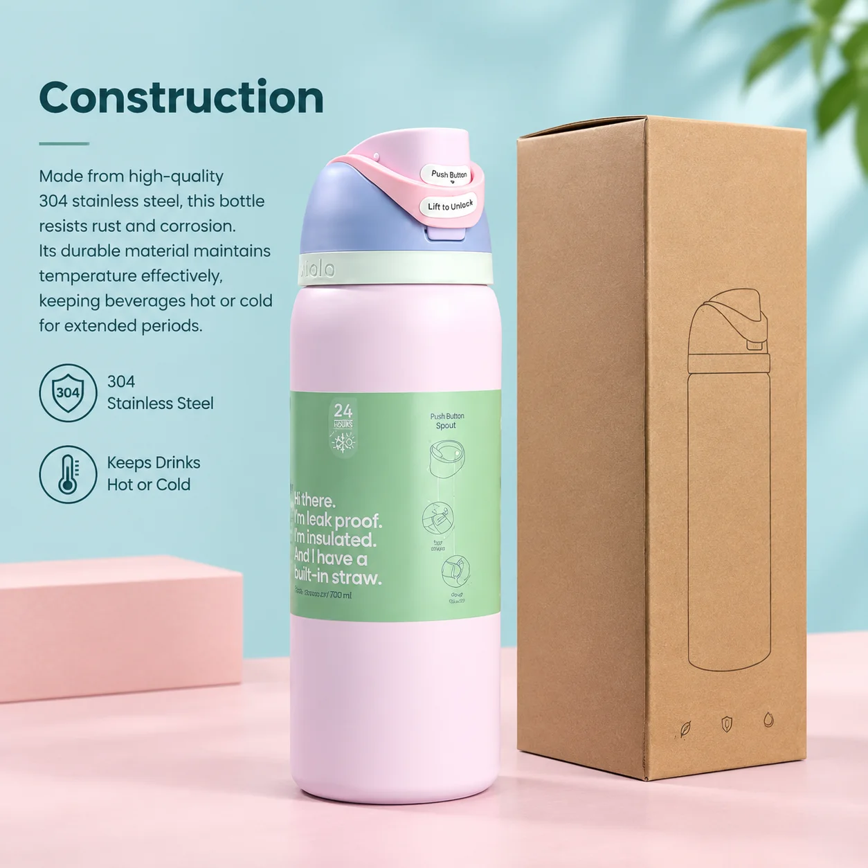 New 304 Stainless Steel Water Bottle Large 24oz Vacuum Insulated Water Bottle with Straw Leak-Proof Lid Portable Gift for Travel