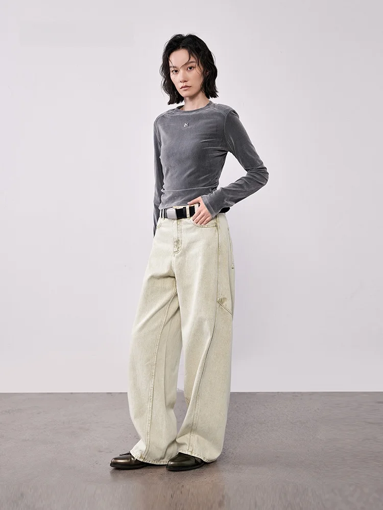 

XMOOM2025 Autumn New Sle Women's Slim Fit Long Sve T-irt Floing Net Fabric Waist Cinched Casual Top for Ladies