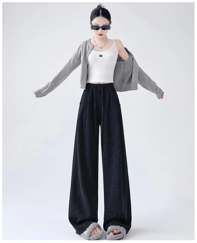 Dark Gray Glutinous Rice Casual Pants Women's Straight Autumn and Winter New Large Size  Wide-leg Pants