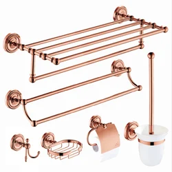 Solid Brass Bathroom Accessories Set,Robe hook,Paper Holder,Towel Bar,Towel Ring,bathroom sets, Rose Gold Luxury Bath Towel Rack