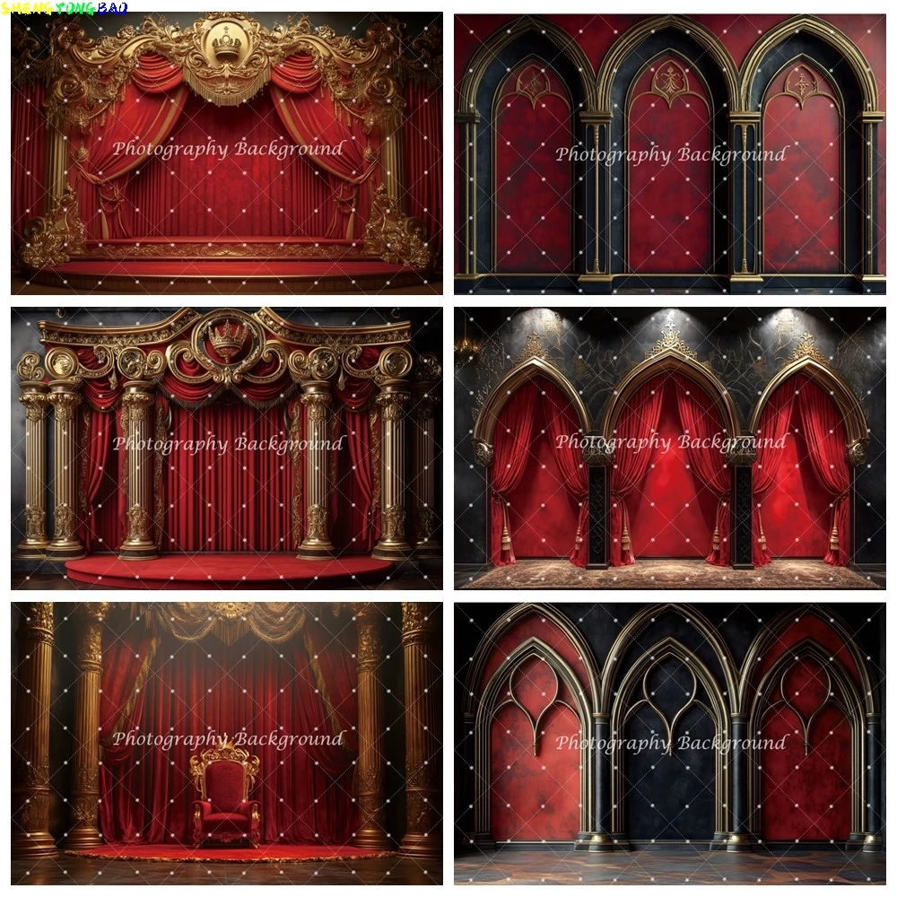 Medieval Palace Pillar Backdrop Red Curtain Chic Wall Pregnant Portrait Birthday Wedding Party Decoration Photocall Background