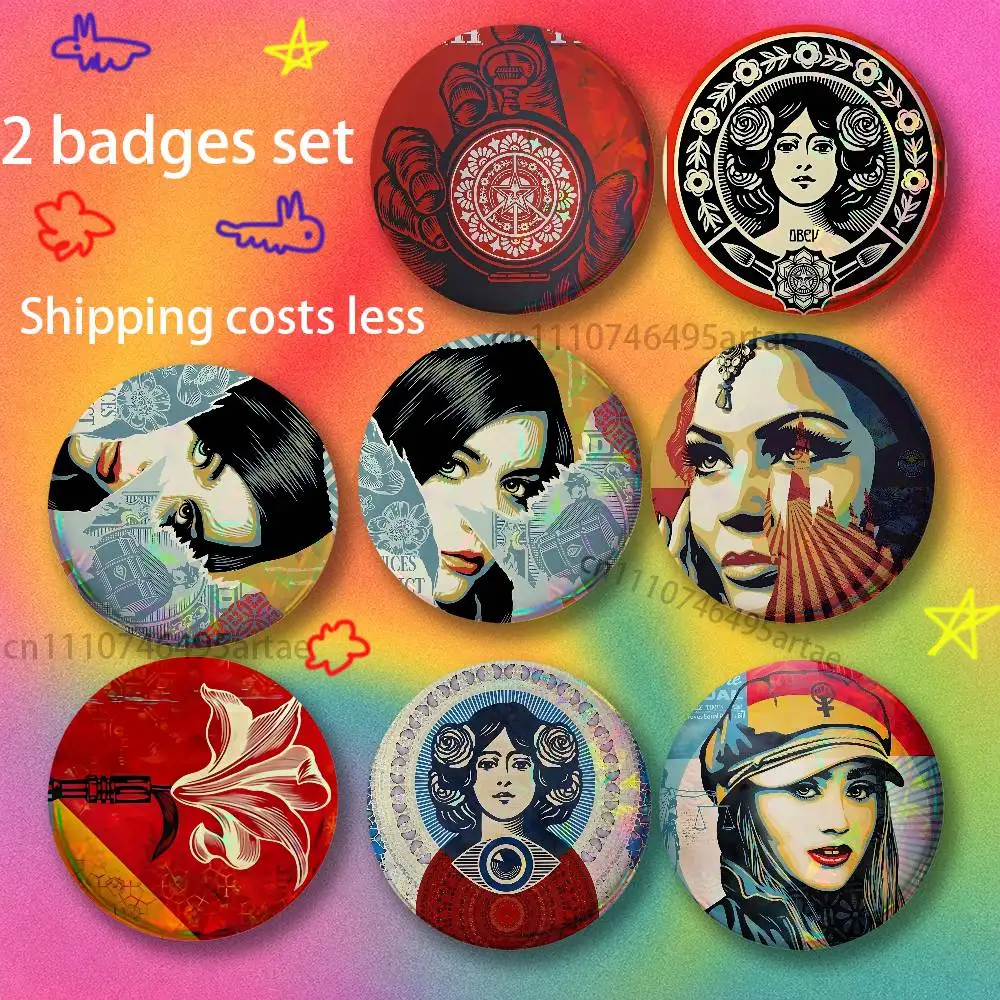 Shepard Fairey Brooches for Backpack Accessories 25,32,44,58,75mm Round Enamel Pins 2-piece set Cartoon Anime Badge