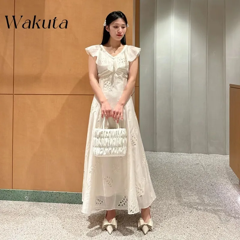 WAKUTA Japanese Spring/Summer 2024 V-neck Sleeveless Ruffle Edge Gowns Elegant Flower Hollow Waist Wrap Vestido Elegante Mujer