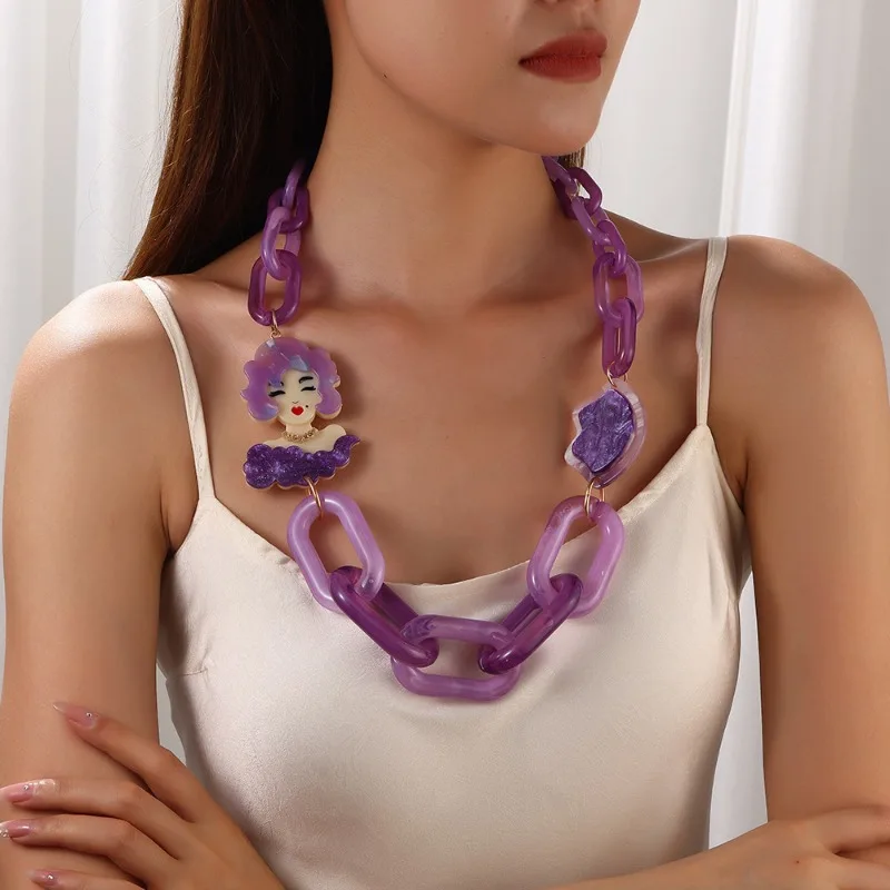 

Halloween Exaggerated Long Necklace Women Vintage Color Blocking Acrylic Beauty Head Necklace Jewelry