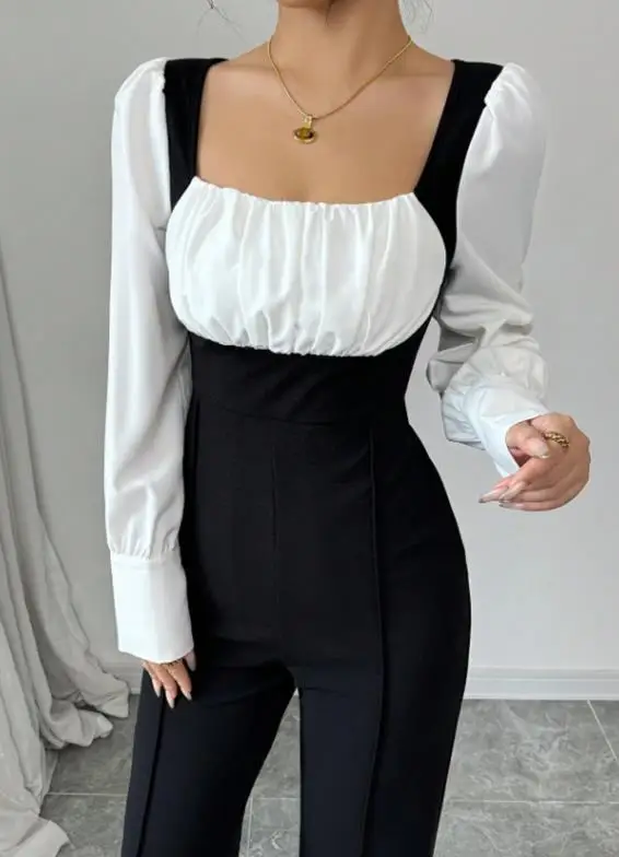 

Jumpsuit Women 2025 Spring Autumn New Contrasting Colors Square Neck Long Sleeved High Waist Casual Straight Jumpsuit