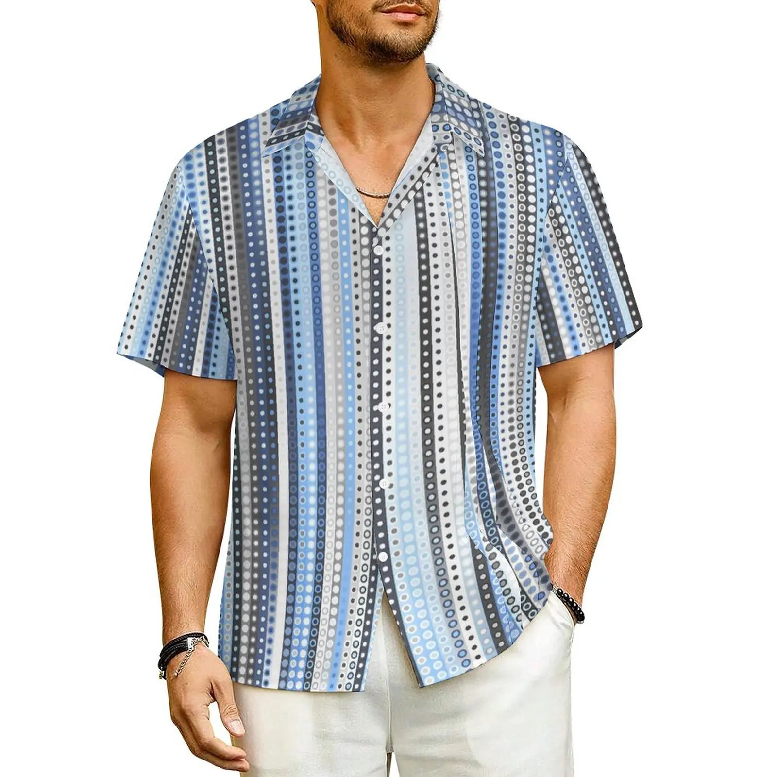 

Vertical Striped Beach Shirt Retro Geometric Hawaiian Casual Shirts Man Cool Blouses Short Sleeve Street Style Custom DIY Tops