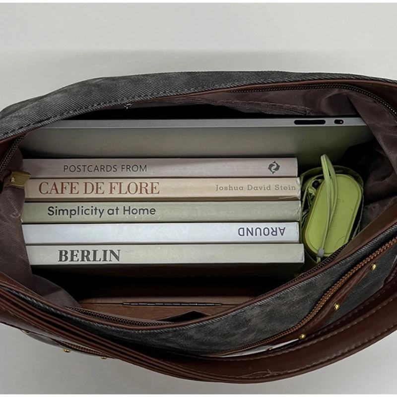 Vintage-Rucksack, Damen-Tragetasche, Retro-Spleiß-Hobo-Umhängetasche, lässige Alltags-Einkaufstasche mit Nieten-Dekor – Detail 4