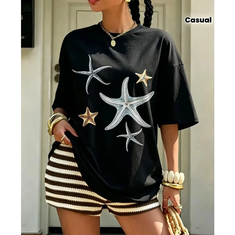 Starfish Ocean Life Graphic Tee Black Summer Beach Men T-Shirt Retro Coastal Girl Cute Top Casual Short Sleeve Loose Streetwear