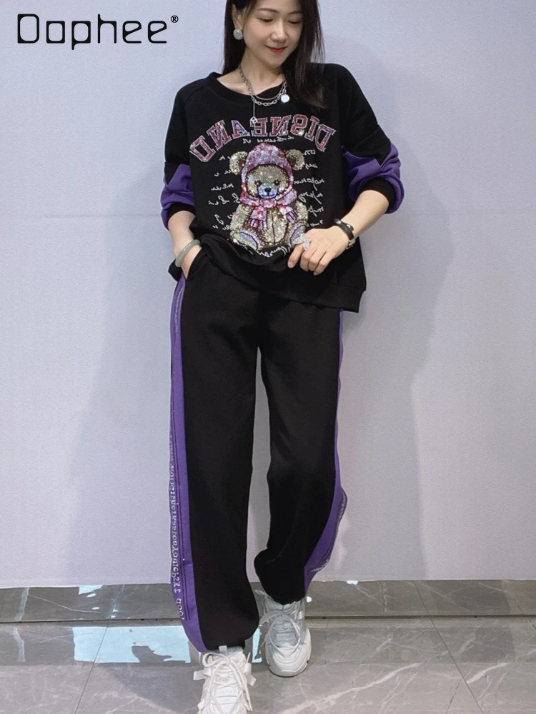 

Women's Pants Set with Rhinestone Patchwork Round Neck Long Sleeve Sweatshirt Autumn Sportswear Top and Pant Two-Piece Sets
