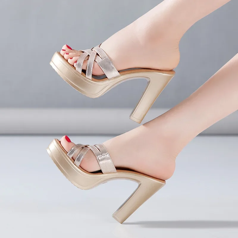 8cm 10cm Small Size 32-43 Elegant Soft Leather Slippers Platform Shoes 2025 Women\'s Block High Heels Slides Office Model Mom